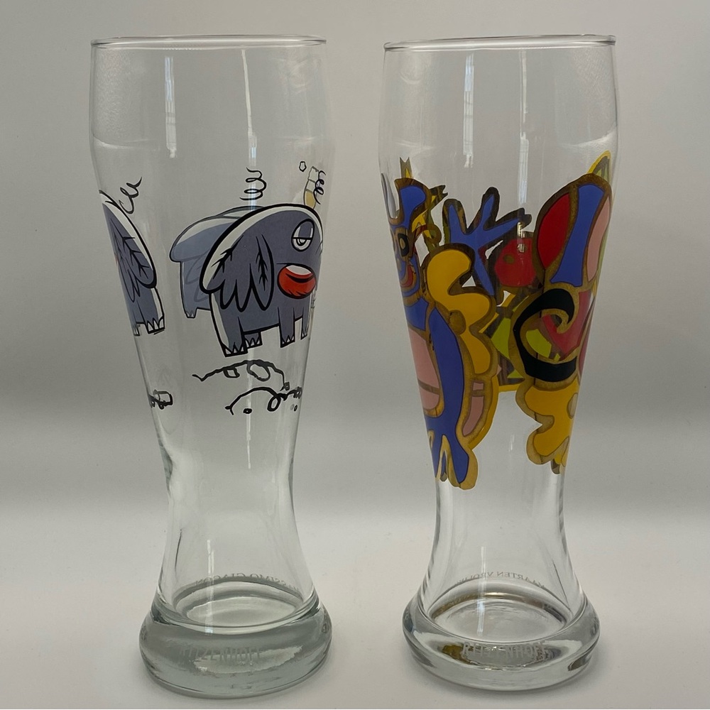 Vintage Ritzenhoff Pilsner Beer Glasses Artist Maarten Vrolijk Surfer & Elephant